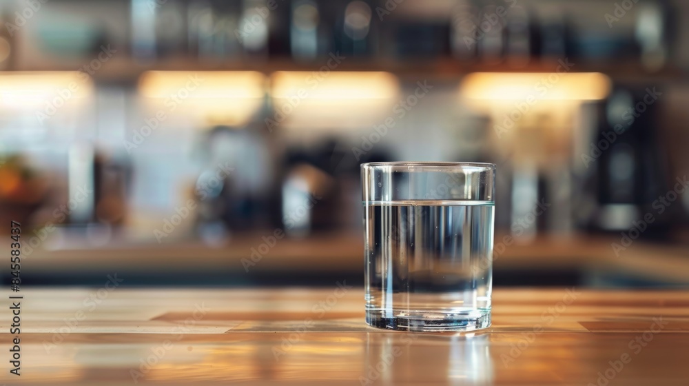 A clear glass of water placed on a wooden kitchen counter, with a blurred kitchen background adding a homey feel. A clear glass of water placed on a wooden kitchen counter, with a blurred kitchen background adding a homey feel.