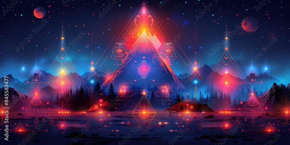 Fototapeta premium neon digital tribal markings on dark blue background