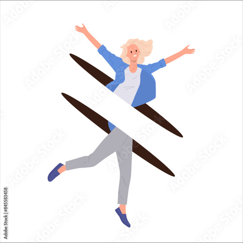 Happy woman cartoon character enjoying travel in time through teleport isolated on white background