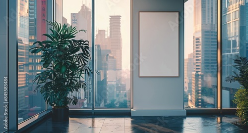 Modern City Building Lobby With Large Blank Poster and Sunny Window View