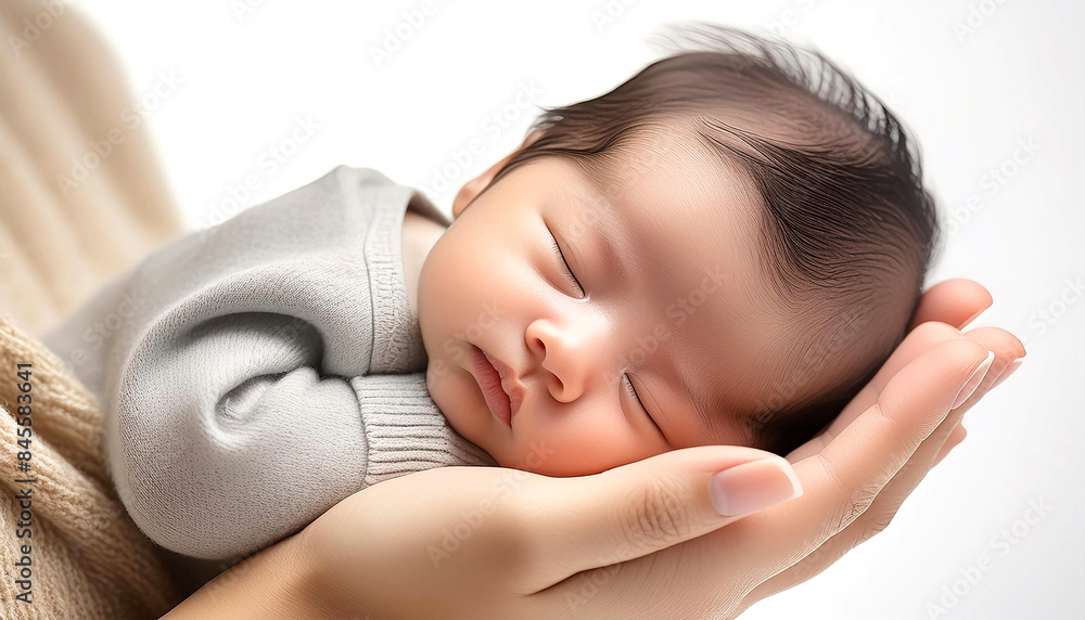 Extreme close-up of a newborn baby sleeping in the mother hands on white background with copy space. Mom and her child, happy family and maternity concept. Generative Ai. Extreme close-up of a newborn baby sleeping in the mother hands on white background with copy space. Mom and her child, happy family and maternity concept. Generative Ai.