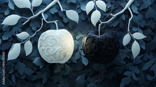 Black and White Apples on Branches Paper Cut Art