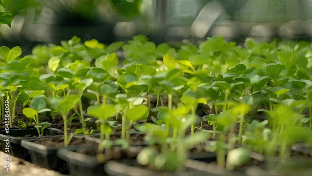 A closeup of thick healthy stems of seedlings growing in a greenhouse ready to be transplanted. A closeup of thick healthy stems of seedlings growing in a greenhouse ready to be transplanted.