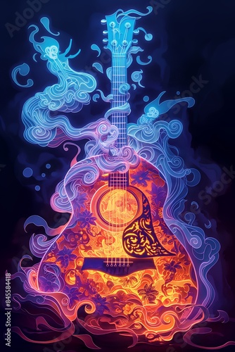 Enchanted Guitar with Smoky Design Paper Cut Art © NicotineLens 