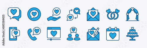 Set of engagement icon. Containing speech bubble, love letter, wedding ring, decoration, message, call, online video, schedule or date, communication, cake. Vector illustration