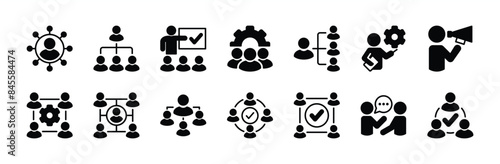 Event management icon set. Containing coordination, hierarchy, teamwork, leadership, discussion, meeting, organization, collaboration, marketing, connection. Vector illustration