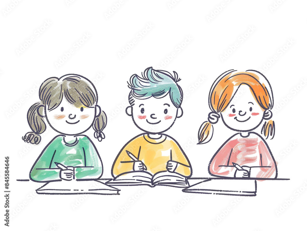 Children's drawing showing a group of children happily learning together. Children's drawing showing a group of children happily learning together.