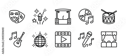 Event entertainment thin line icon set. Containing theatre mask, fireworks, stage, concert music, drum, acoustic guitar, disco ball, karaoke, singing, cinema movie video. Vector illustration