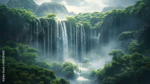 Enchanting Tropical Waterfall Oasis Shrouded in Mist