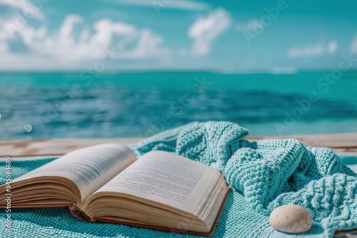 Open Book Resting on Blue Towel Near Turquoise Ocean on Sunny Day