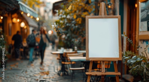 Blank Wooden Signboard Outside a Busy Restaurant in the Afternoon