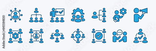 Set of event management icon. Containing coordination, hierarchy, teamwork, leadership, discussion, meeting, organization, collaboration, marketing, connection. Vector illustration