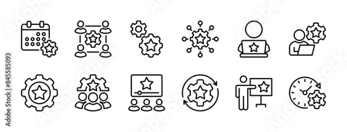 Event management thin line icon set. Containing calendar, schedule, organization, monitoring or control, time, process, strategy planning, team, online video, connection. Vector illustration