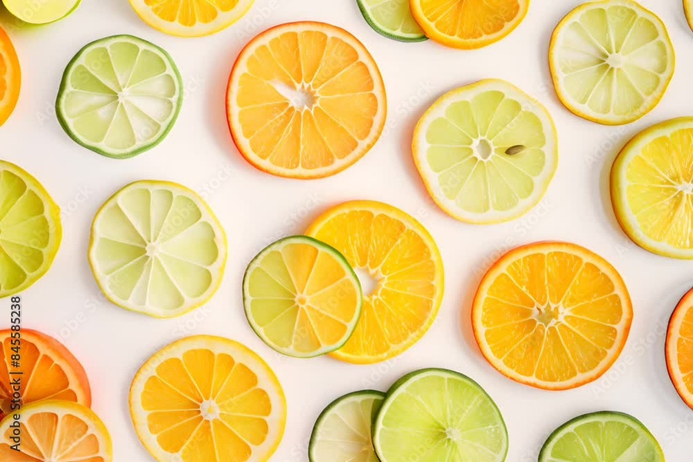 Sliced oranges, lemons, and limes arranged in a vibrant display, bursting with freshness and perfect for a healthy snack. Sweet and sour flavors create a tropical delight against a white background Sliced oranges, lemons, and limes arranged in a vibrant display, bursting with freshness and perfect for a healthy snack. Sweet and sour flavors create a tropical delight against a white background