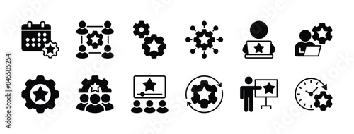 Event management icon set. Containing calendar, schedule, organization, monitoring or control, time, process, strategy planning, team, online video, connection. Vector illustration