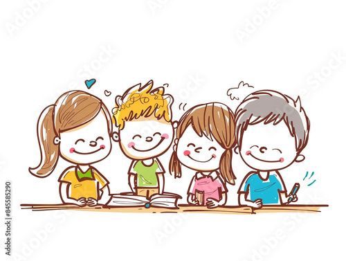 Children's drawing showing a group of children happily learning together.