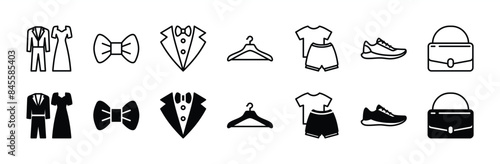 Event dress code thin line icon set. Containing clothes, tuxedo, shirt, suit, tie, shoe, hanger, and bag for fashion, wedding, ceremony, celebration, festival and other. Vector illustration
