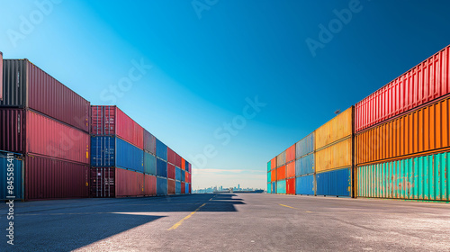 Container yard with a clear blue sky and ample ground space, focusing on global business logistics for freight carriers and cargo transportation