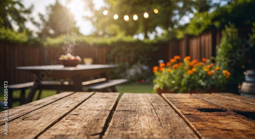 Fototapeta Naklejka Na Ścianę i Meble -  Summer time in backyard garden with grill BBQ, wooden table, blurred background perfect for content on outdoor activities, summer parties, BBQ recipes, and garden gatherings.
