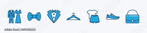 Set of event dress code icon. Containing clothes, tuxedo, shirt, suit, tie, shoe, hanger, and bag for fashion, wedding, ceremony, celebration, festival and other. Vector illustration