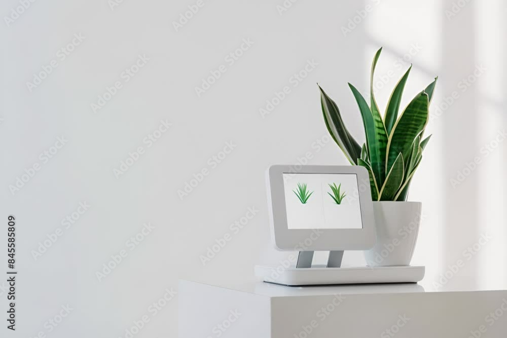 Sleek smart home control panel on a white table displays a vibrant houseplant, automating plant care for a healthy indoor garden Sleek smart home control panel on a white table displays a vibrant houseplant, automating plant care for a healthy indoor garden