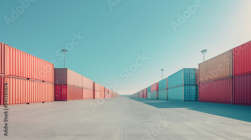 Container yard with a clear blue sky and ample ground space, focusing on global business logistics for freight carriers and cargo transportation