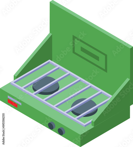 Green camping stove generating heat for cooking a delicious meal while hiking in the wild