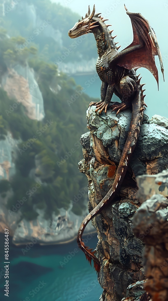 Majestic Dragon Guarding Rugged Coastal Cliff Overlooking Vast Sea Majestic Dragon Guarding Rugged Coastal Cliff Overlooking Vast Sea
