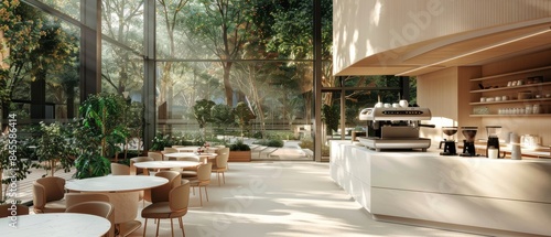 Sunlit Cafe Interior With Wooden Tables and Chairs Near Large Windows
