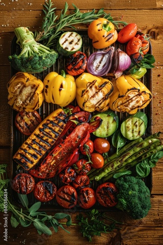 A colorful assortment of grilled vegetables, including bell peppers, zucchini, asparagus, tomatoes, and broccoli, arranged on a wooden tray. © wasan