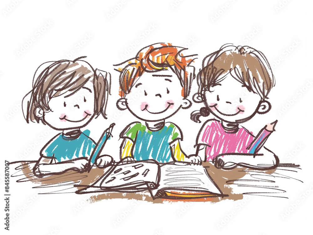 Children's drawing showing a group of children happily learning together. Children's drawing showing a group of children happily learning together.