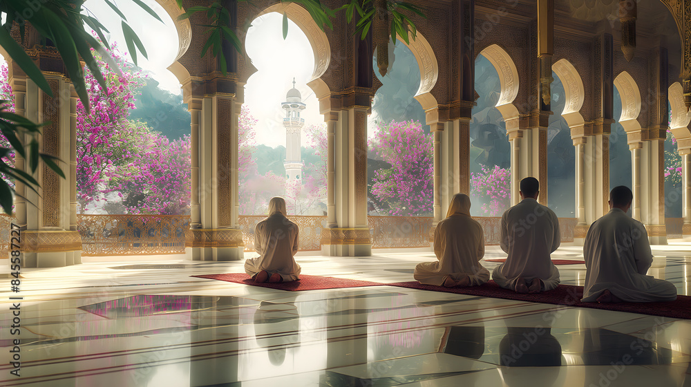 Serene Sunrise Prayer at an Ornate Mosque Serene Sunrise Prayer at an Ornate Mosque