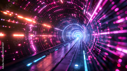 Futuristic Tunnel with Dynamic Light Trails and Digital Patterns