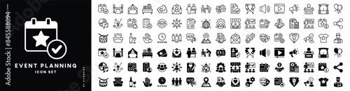 Event planning icon set. Containing party, entertainment, birthday, celebration, wedding, festival, conference, seminar, meeting, decoration, calendar, catering, fireworks, organization and more