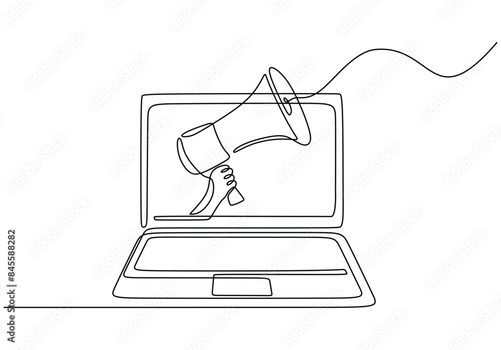 Laptop with hand hold horn continuous line drawing. Online marketing concept vector illustration. Laptop with hand hold horn continuous line drawing. Online marketing concept vector illustration.