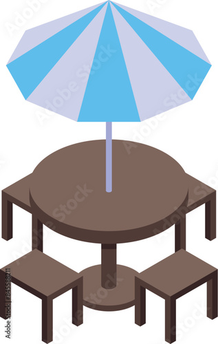 Round wooden table with striped parasol and four stools for outdoor cafe isometric icon