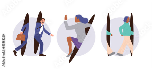 Businesspeople cartoon characters traveling through magic portal enjoying business trip isolated set