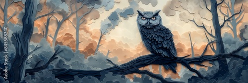 Owl on Charred Branch with Burnt Forest Background Paper Cut Art