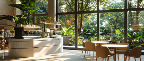 Sunlit Cafe Interior With Wooden Tables and Chairs Near Large Windows