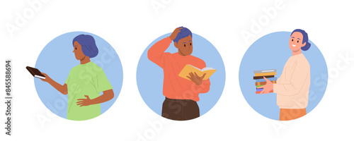 Diverse smart people cartoon characters holding, reading book isolated round composition set