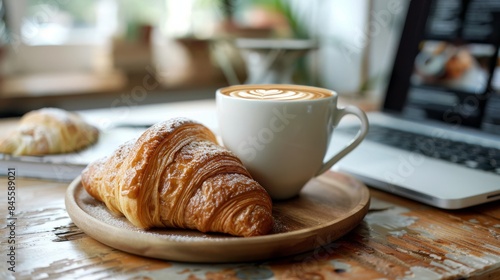 Two Freshly Baked Croissants and a Cup of Latte on a Wooden Tray With a Lapto...