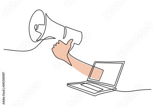 Laptop with hand hold horn continuous line drawing. Online marketing concept vector illustration.