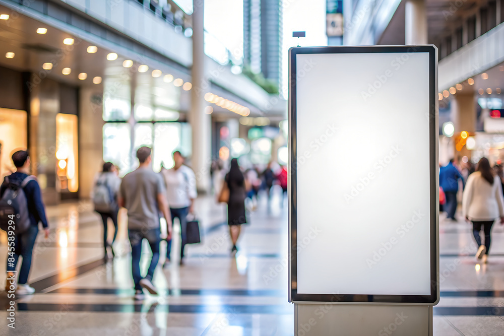 Display white blank screen or signboard mockup for offers or advertisement in public area with blurred people. Display white blank screen or signboard mockup for offers or advertisement in public area with blurred people.