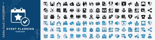 Set of event planning icon. Containing party, entertainment, birthday, festival, celebration, wedding, conference, seminar, organization meeting, decoration, calendar, catering, fireworks, and more