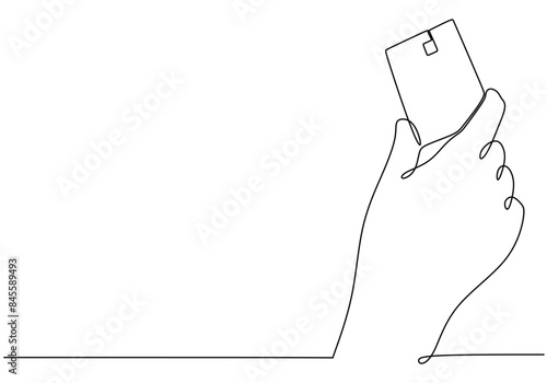 Hand hold credit card continuous line drawing. Money saving investment and finance bank concept.