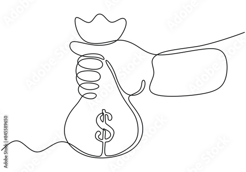 Hand hold dollar money bag continuous line drawing. Money saving investment and finance bank concept