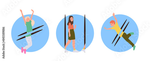 Happy excited people cartoon characters jumping into futuristic hole teleport gate round composition