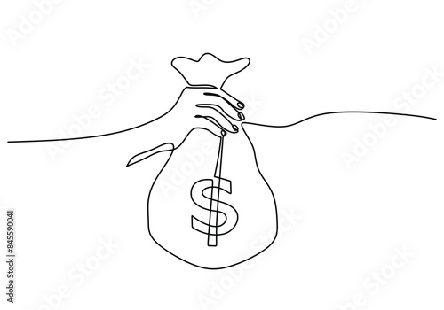 Hand hold dollar money bag continuous line drawing. Money saving investment and finance bank concept