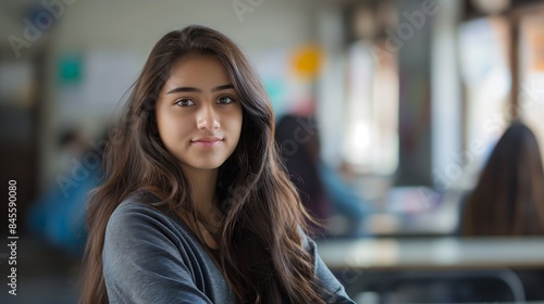 Confident young female Pakistani student standing in classroom, poised, confident posture, determined expression, academic setting, classroom environment. © James