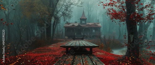Foggy Forest Cabin With Red Leaves on a Dark Day